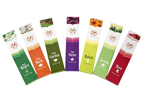 VeeDInt - Varillas de incienso de calidad premium | Mogra real, almizcle blanco, jardín verde, Yogi Suvas, Mahek, Kewda, rosa, perfumadas y coloreadas, 7 unidades
