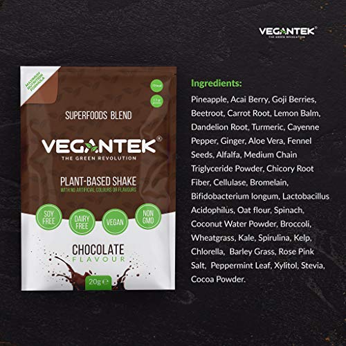VeganTek Superalimentos10 sobres 4 en 1 Paquete básico de mezcla de proteínas Apto para Dieta Keto Apto para Mezcla Vegana de Chocolate Sin lácteos Sin soja Bajo en carbohidratos 200g