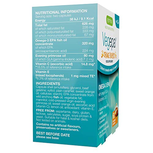 Vegepa Orange Bursts, Aceite de Pescado Omega-3 EPA y Omega-6 GLA para niños, sin azúcar, sabor natural a naranja, 60 cápsulas masticables