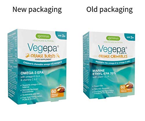 Vegepa Orange Bursts, Aceite de Pescado Omega-3 EPA y Omega-6 GLA para niños, sin azúcar, sabor natural a naranja, 60 cápsulas masticables