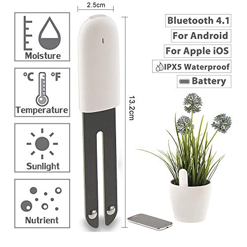 VegTrug Flower Care Medidor de Suelos, Monitor Plantas Inteligente Bluetooth 4 en 1 Probador de Suelo Monitorea Automáticamente los Niveles de Humedad/Fertilidad/Luz/Temperatura-Versión Internacional