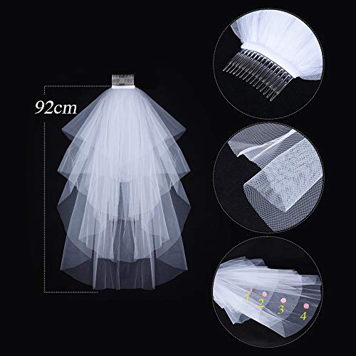 Velo de Novia de Boda Blanco con Peine 4 Capas 40cm 60cm 80cm 90cm + Diadema de Flores Fiesta Despedida de Soltera Disfraz Novia Noche de Gallina