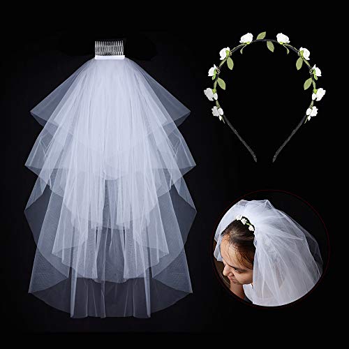 Velo de Novia de Boda Blanco con Peine 4 Capas 40cm 60cm 80cm 90cm + Diadema de Flores Fiesta Despedida de Soltera Disfraz Novia Noche de Gallina