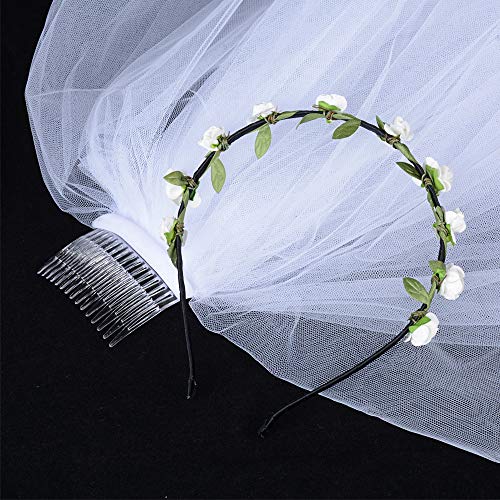 Velo de Novia de Boda Blanco con Peine 4 Capas 40cm 60cm 80cm 90cm + Diadema de Flores Fiesta Despedida de Soltera Disfraz Novia Noche de Gallina