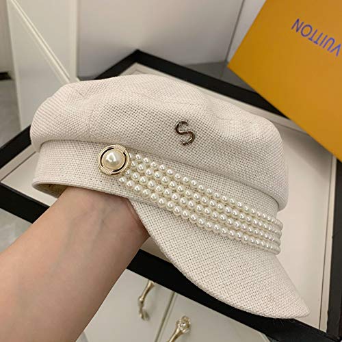 Versión Coreana de la pequeña Gorra de Perlas de Fragancia Femenina Estilo británico Retro algodón y Lino Azul Marino Sombrero Que Muestra la Cara pequeña Red Red Hat Tendencia