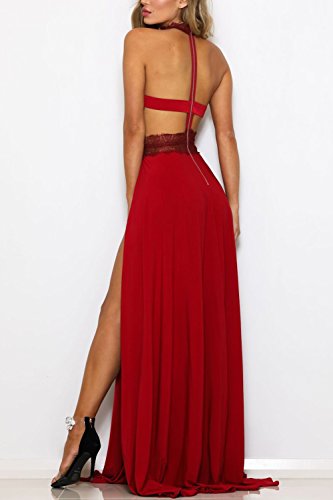 Vestido de Fiesta Sexy Mujer Largo de Encaje Elegante Laterales Aberturas Bodycon Sin Mangas de Noche Fiesta Banquete Cóctel Roja S