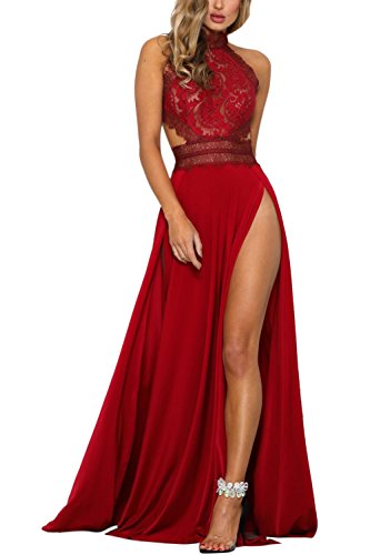Vestido de Fiesta Sexy Mujer Largo de Encaje Elegante Laterales Aberturas Bodycon Sin Mangas de Noche Fiesta Banquete Cóctel Roja S