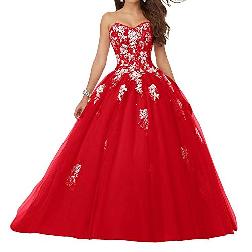 Vestido largo de noche para baile, vestido de boda, vestido de Quinceanera, vestido de princesa, tul, línea A rojo 36