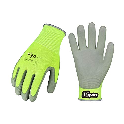 Vgo 15Pares Guantes de Trabajo y de Jardinería Recubiertos de PU para Hombres Multifunción (Tamaño 9/L,Amarillo fluorescente,PU2013)