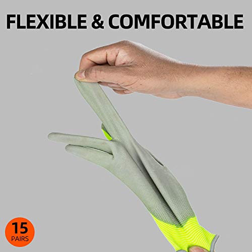 Vgo 15Pares Guantes de Trabajo y de Jardinería Recubiertos de PU para Hombres Multifunción (Tamaño 9/L,Amarillo fluorescente,PU2013)