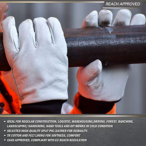 Vgo 3Pares 5°C o Superior Guantes de trabajo de Invierno de Cuero de Cuero de Cerdo (Talla 9/L, Blanco, PA8950F)