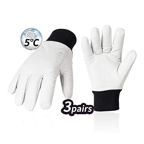 Vgo 3Pares 5°C o Superior Guantes de trabajo de Invierno de Cuero de Cuero de Cerdo (Talla 9/L, Blanco, PA8950F)