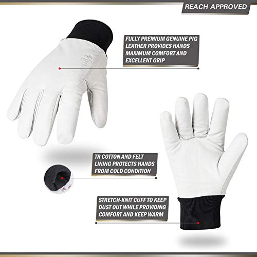 Vgo 3Pares 5°C o Superior Guantes de trabajo de Invierno de Cuero de Cuero de Cerdo (Talla 9/L, Blanco, PA8950F)