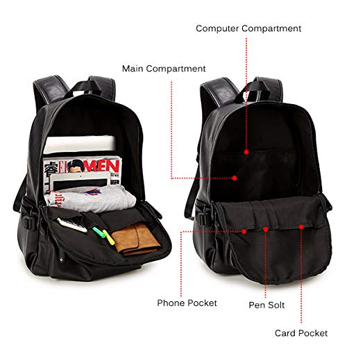 Viaggi Zaino Borsa a Tracolla, OURBAG Zaino in Pelle PU Esterni Scuola Zaino fit 15.6" Laptop Backpack per Uomo e Donna (Nero)