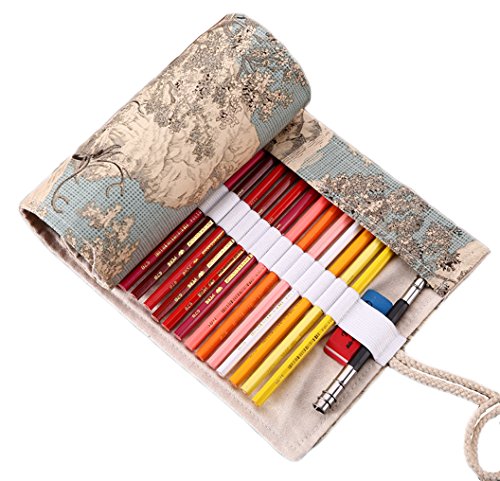 Vianber Lona de Colores Lápiz Wrap Bag Travel Lápices Portátiles Funda de la Bolsa Sostener Para el Artista Estudiantes Suministros (72 Agujeros)