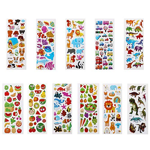 Vicloon Pegatinas para niños 500+, 22 Hojas Diferentes Pegatinas 3D, Stickers Infantiles para Bullet Journal Scrapbooking Incluye Animales, Peces, Dinosaurios, Números, Frutas, Aviones y Más