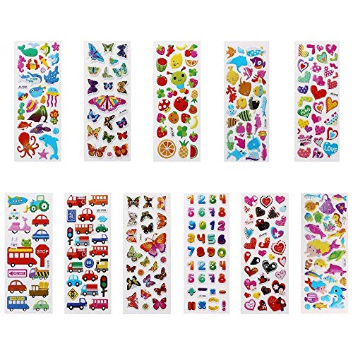 Vicloon Pegatinas para niños 500+, 22 Hojas Diferentes Pegatinas 3D, Stickers Infantiles para Bullet Journal Scrapbooking Incluye Animales, Peces, Dinosaurios, Números, Frutas, Aviones y Más
