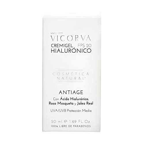 VICORVA CREMIGEL HIALURÓNICO FPS 20 | Antiage Facial con Ácido Hialurónico, Rosa Mosqueta y Jalea Real | Para pieles mixtas y grasas | Protección Solar UVA/UVB Media | 50ml