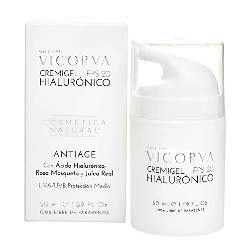 VICORVA CREMIGEL HIALURÓNICO FPS 20 | Antiage Facial con Ácido Hialurónico, Rosa Mosqueta y Jalea Real | Para pieles mixtas y grasas | Protección Solar UVA/UVB Media | 50ml