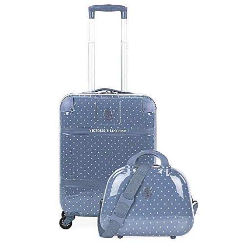 VICTORIO & LUCCHINO - Juego Maleta Cabina y Neceser 2 pzs, Maleta Pequeña 20"(55x40x20 cm), ABS, Rígidas, Resistentes y Duraderas, 4 Ruedas, Cómodas y Ligeras, Candado Combinación 80150B, Color Azul