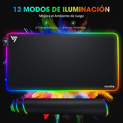 VicTsing Alfombrilla Gaming, 800 x 400 x4.0 mm Extra Grande Alfombrilla Raton RGB para Juego, Base de Goma Antideslizante y Superficie Suave Resistente al Agua para Gamers, PC y Portátil