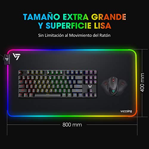 VicTsing Alfombrilla Gaming, 800 x 400 x4.0 mm Extra Grande Alfombrilla Raton RGB para Juego, Base de Goma Antideslizante y Superficie Suave Resistente al Agua para Gamers, PC y Portátil