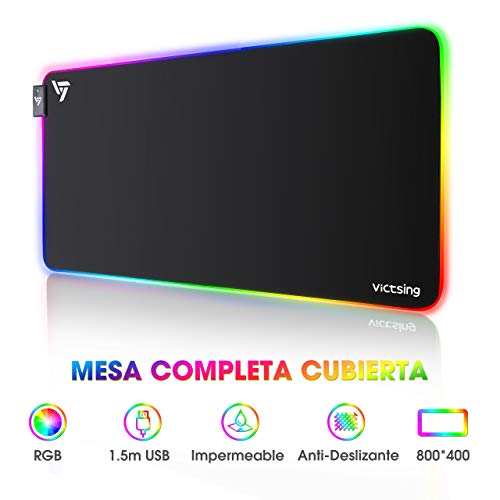 VicTsing Alfombrilla Gaming, 800 x 400 x4.0 mm Extra Grande Alfombrilla Raton RGB para Juego, Base de Goma Antideslizante y Superficie Suave Resistente al Agua para Gamers, PC y Portátil