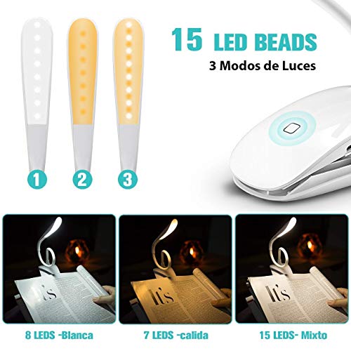VicTsing Luz Lectura Libros Cama, Lampara Lectura Pinza USB 15 Leds con Brillo Regulable, 3 Modos de Luz, Gran Autonomía hasta 12H y Cuello 360º Flexible para Leer en Cama, Estudio, Ordenador, Blanca