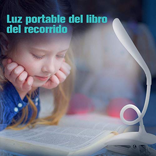 VicTsing Luz Lectura Libros Cama, Lampara Lectura Pinza USB 15 Leds con Brillo Regulable, 3 Modos de Luz, Gran Autonomía hasta 12H y Cuello 360º Flexible para Leer en Cama, Estudio, Ordenador, Blanca