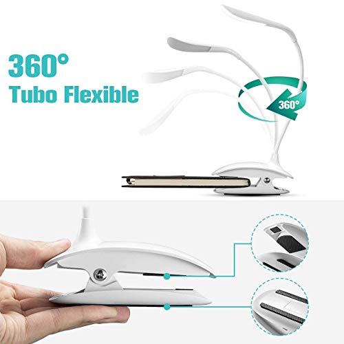 VicTsing Luz Lectura Libros Cama, Lampara Lectura Pinza USB 15 Leds con Brillo Regulable, 3 Modos de Luz, Gran Autonomía hasta 12H y Cuello 360º Flexible para Leer en Cama, Estudio, Ordenador, Blanca