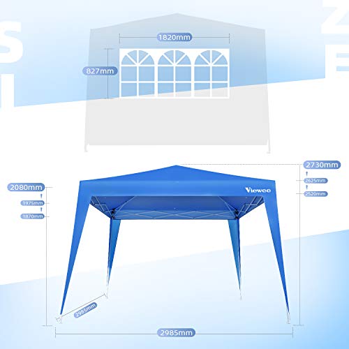 Viewee Carpa Plegable 3x3 Impermeable, Cenador Plegable, 3 Regulables en Altura, 2 Paredes Laterales con Ventanas, Protector Solar UV50 +, Utilizado para Jardín, Playa, Fiesta, etc
