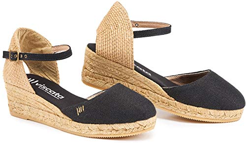 Viscata - Calella hecha a mano en España de lino de 5 cm con cuña, bomba de correas, tacones espadrille., color Negro, talla 38 EU