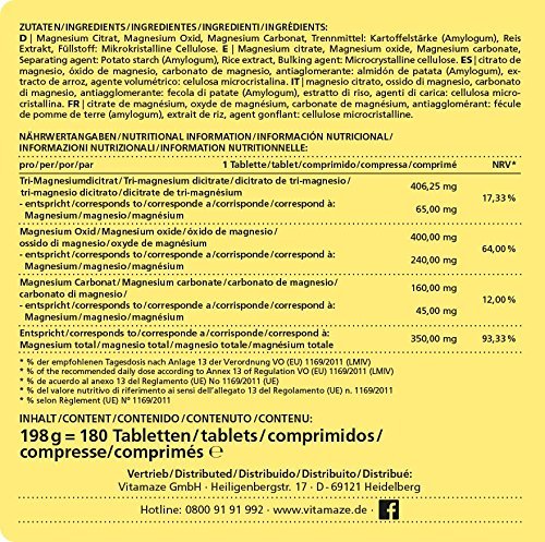 Vitamaze® Magnesio³ Complex de 350 mg Magnesio Puro Elemental, 180 Comprimidos Vegano Durante 6 Meses, Óxido de Carbonato de Citrato de Magnesio, Magnesio Complejo sin Aditivos Innecesarios