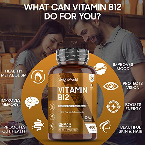 Vitamina B12 Vegana 1000mcg 400 Comprimidos - Aumenta Energía, Apoya la Formación Globulos Rojos y la Salud del Cerebro, Reduce Cansancio y Fatiga, Mejora Sistema Inmunológico, B12 Metilcobalamina