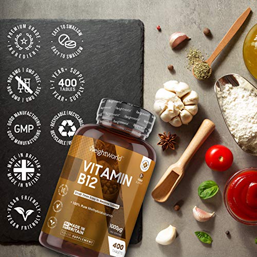 Vitamina B12 Vegana 1000mcg 400 Comprimidos - Aumenta Energía, Apoya la Formación Globulos Rojos y la Salud del Cerebro, Reduce Cansancio y Fatiga, Mejora Sistema Inmunológico, B12 Metilcobalamina