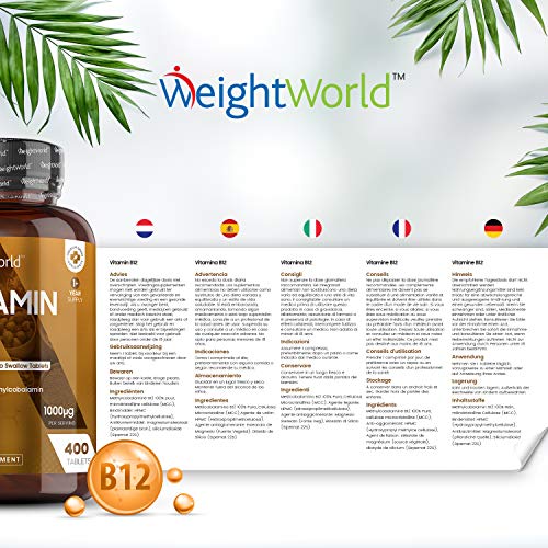 Vitamina B12 Vegana 1000mcg 400 Comprimidos - Aumenta Energía, Apoya la Formación Globulos Rojos y la Salud del Cerebro, Reduce Cansancio y Fatiga, Mejora Sistema Inmunológico, B12 Metilcobalamina