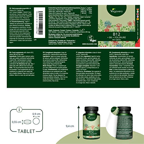 Vitamina B12 Vegana Vegavero® 1000 mcg | Para 1 Año: 365 Comprimidos | SIN ADITIVOS | Con B6 (Piridoxina) + Ácido Fólico (Vitamina B9) | Energía + Cansancio + Anemia* | Metilcobalamina