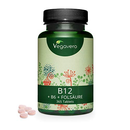 Vitamina B12 Vegana Vegavero® 1000 mcg | Para 1 Año: 365 Comprimidos | SIN ADITIVOS | Con B6 (Piridoxina) + Ácido Fólico (Vitamina B9) | Energía + Cansancio + Anemia* | Metilcobalamina