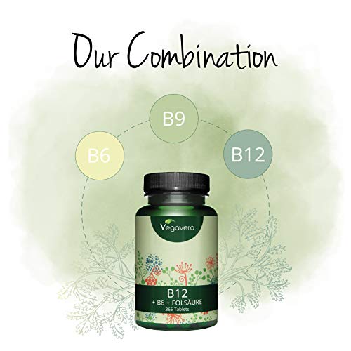 Vitamina B12 Vegana Vegavero® 1000 mcg | Para 1 Año: 365 Comprimidos | SIN ADITIVOS | Con B6 (Piridoxina) + Ácido Fólico (Vitamina B9) | Energía + Cansancio + Anemia* | Metilcobalamina