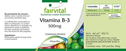 Vitamina B3 500mg - Niacina Flush Free - No ruborizante - Nicotinamida - VEGANA - Dosis elevada - 100 Comprimidos - Calidad Alemana