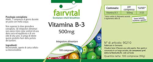 Vitamina B3 500mg - Niacina Flush Free - No ruborizante - Nicotinamida - VEGANA - Dosis elevada - 100 Comprimidos - Calidad Alemana