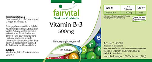 Vitamina B3 500mg - Niacina Flush Free - No ruborizante - Nicotinamida - VEGANA - Dosis elevada - 100 Comprimidos - Calidad Alemana