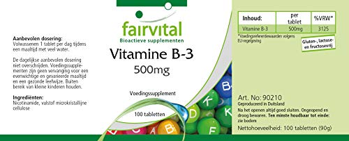 Vitamina B3 500mg - Niacina Flush Free - No ruborizante - Nicotinamida - VEGANA - Dosis elevada - 100 Comprimidos - Calidad Alemana