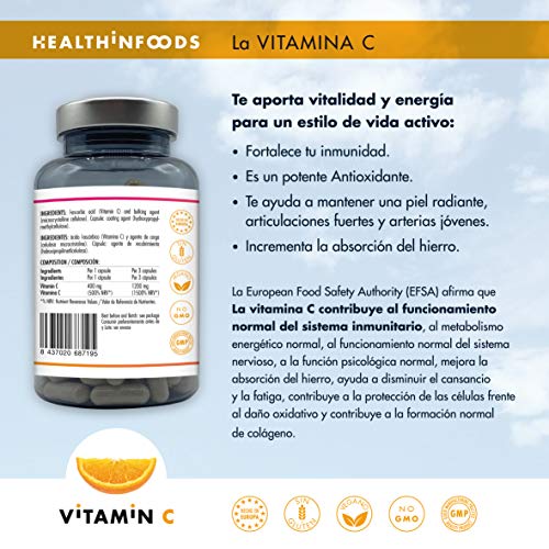Vitamina C Altamente Concentrada-Healthinfoods -1200mg por Dosis Diaria-180 cápsulas-100% Vegana -Refuerza el Sistema Inmunológico y Reduce el Cansancio-Fabricada en España- GMP- 60 a 180 días