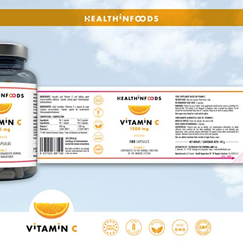 Vitamina C Altamente Concentrada-Healthinfoods -1200mg por Dosis Diaria-180 cápsulas-100% Vegana -Refuerza el Sistema Inmunológico y Reduce el Cansancio-Fabricada en España- GMP- 60 a 180 días