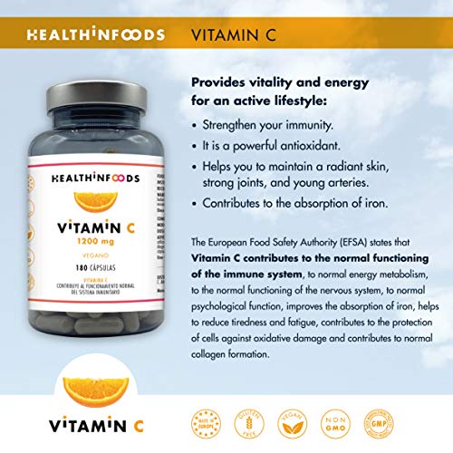 Vitamina C Altamente Concentrada-Healthinfoods -1200mg por Dosis Diaria-180 cápsulas-100% Vegana -Refuerza el Sistema Inmunológico y Reduce el Cansancio-Fabricada en España- GMP- 60 a 180 días