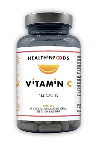 Vitamina C Altamente Concentrada-Healthinfoods -1200mg por Dosis Diaria-180 cápsulas-100% Vegana -Refuerza el Sistema Inmunológico y Reduce el Cansancio-Fabricada en España- GMP- 60 a 180 días