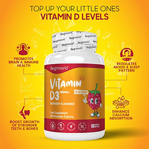 Vitamina D Niños - Comprimidos Masticables para Niños 1000 UI, 180 Comprimidos - Sin Azúcar, Suministro para 1 año, Apoyo Natural para el Sistema Inmunitario, Huesos y la Absorción de Calcio