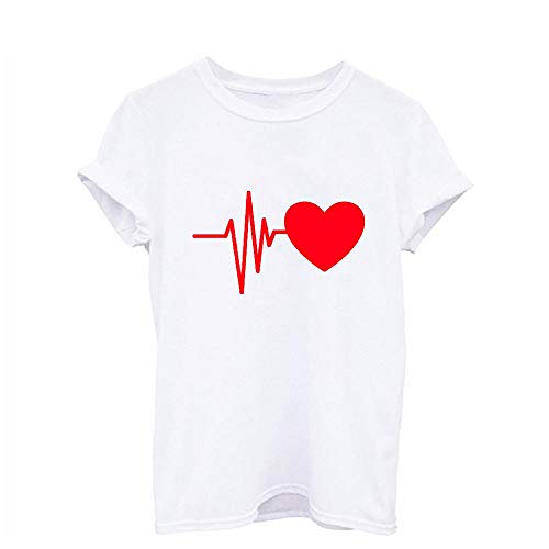 VJGOAL Moda Casual de Verano para Mujer Camiseta de Manga Corta con Cuello en O Impresión con electrocardiograma de Personalidad única Blusa clásica Superior(Small,Blanco1)