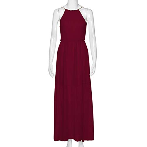 VJGOAL Moda Casual para Mujer Sexy sin Mangas cuelga Halter Fiesta de Noche hasta el Tobillo Vestido de Gasa de Color Liso (XL, Vino Tinto)